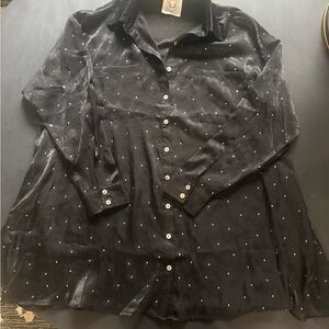 Elegant Holiday Black Oversized Blouse Sparkly Dress Shirt with Rhinestones BNWT